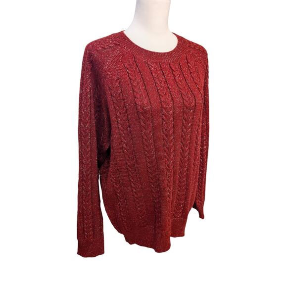 Athleta Long Sleeve Crossroads Crew Red Sparkle Cable Knit Sweater Size M Wool - Picture 1 of 5